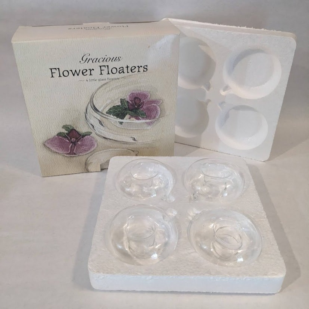 Restoration Hardware Gracious Flower Floaters Handblown Glass Set of 4 Clear Box